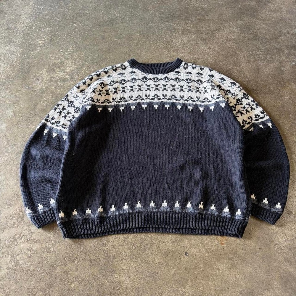 Vintage Structure Mens XL Chunky Knit Pattern Sweater Black Grey 90s Fair Isle